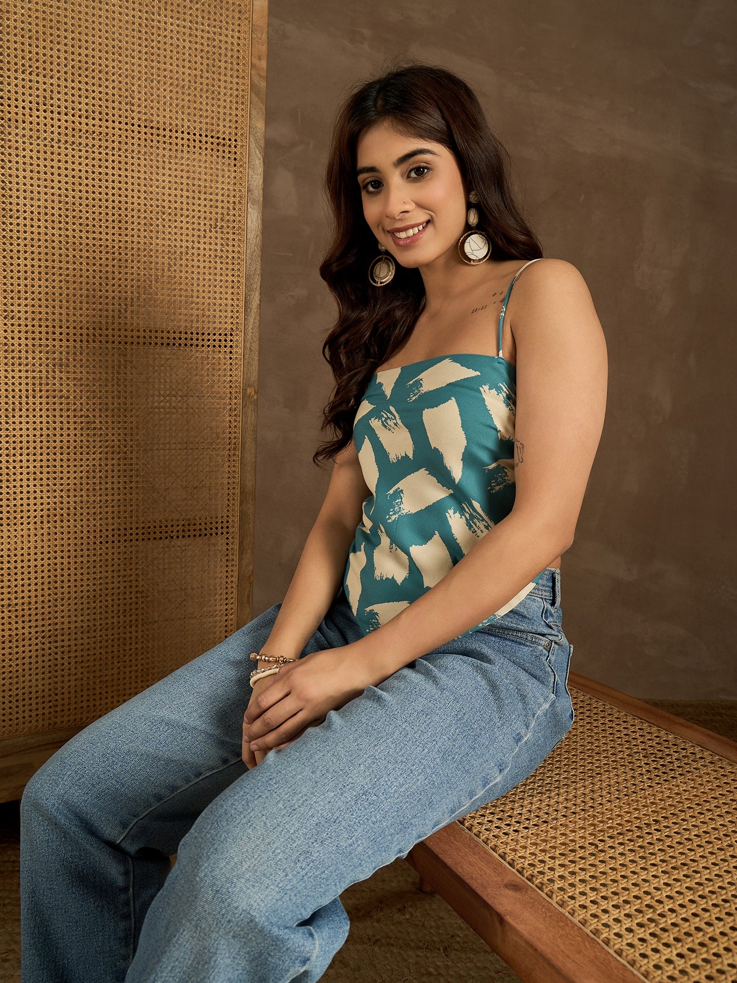 Marin Teal Beige Scarf Top