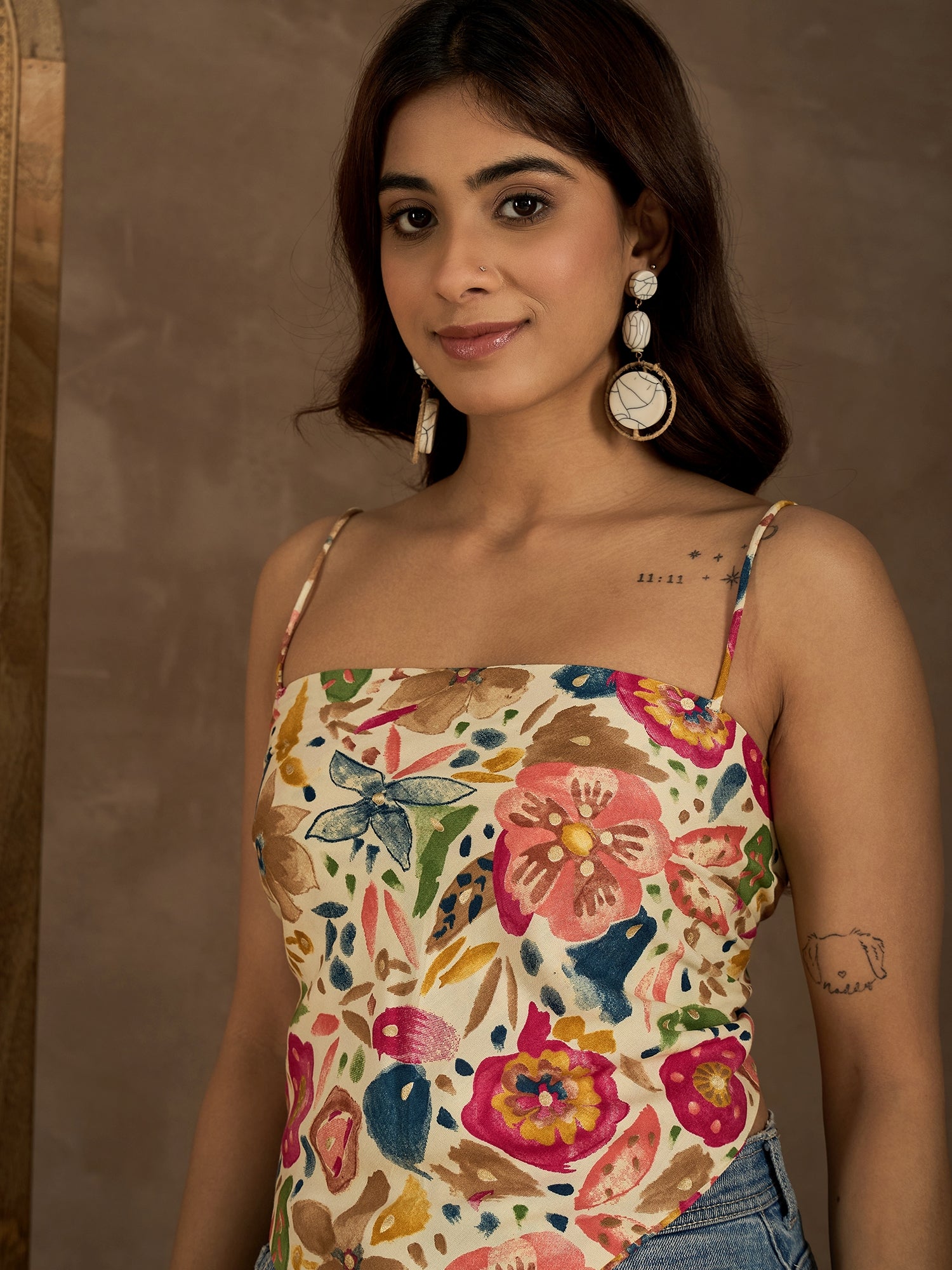 Cream Peach Motif Scarf Top