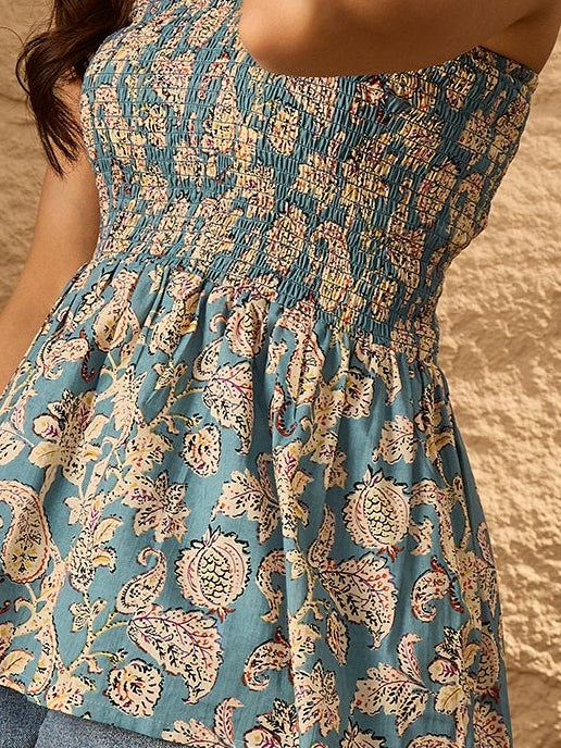 Steel Blue Floral Off shoulder Top