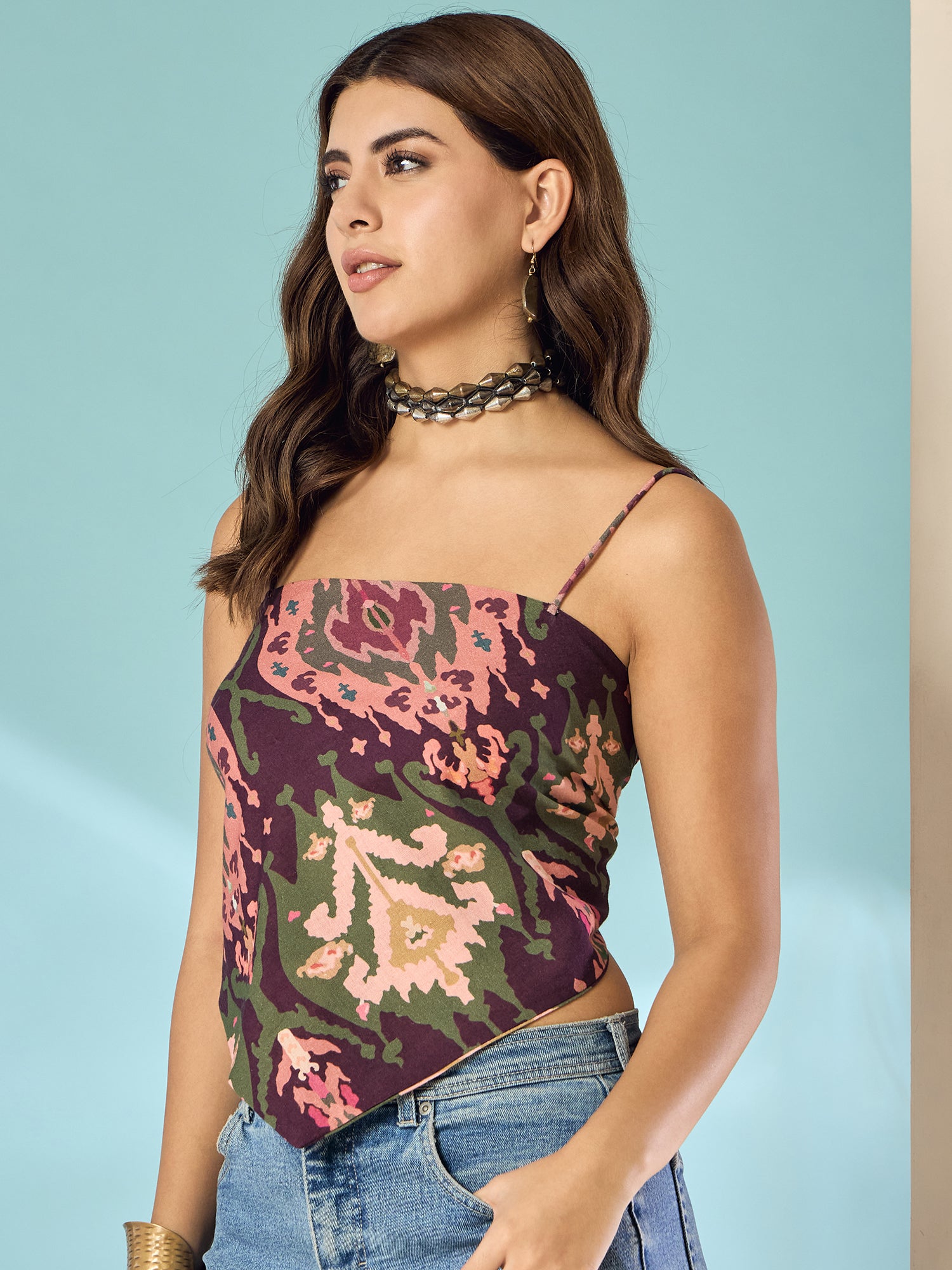 Wine Peach Big Ikkat Scarf Top