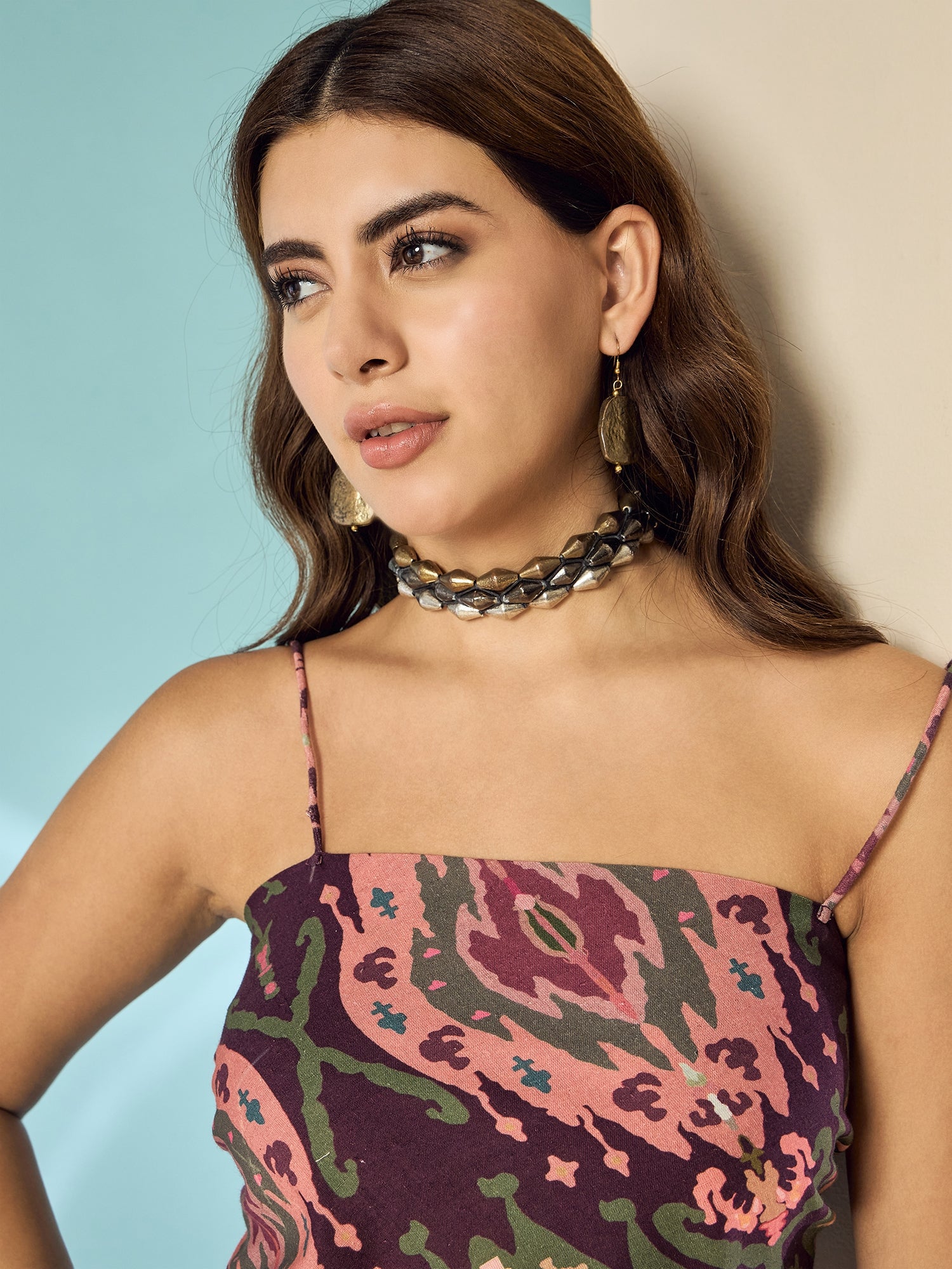 Wine Peach Big Ikkat Scarf Top