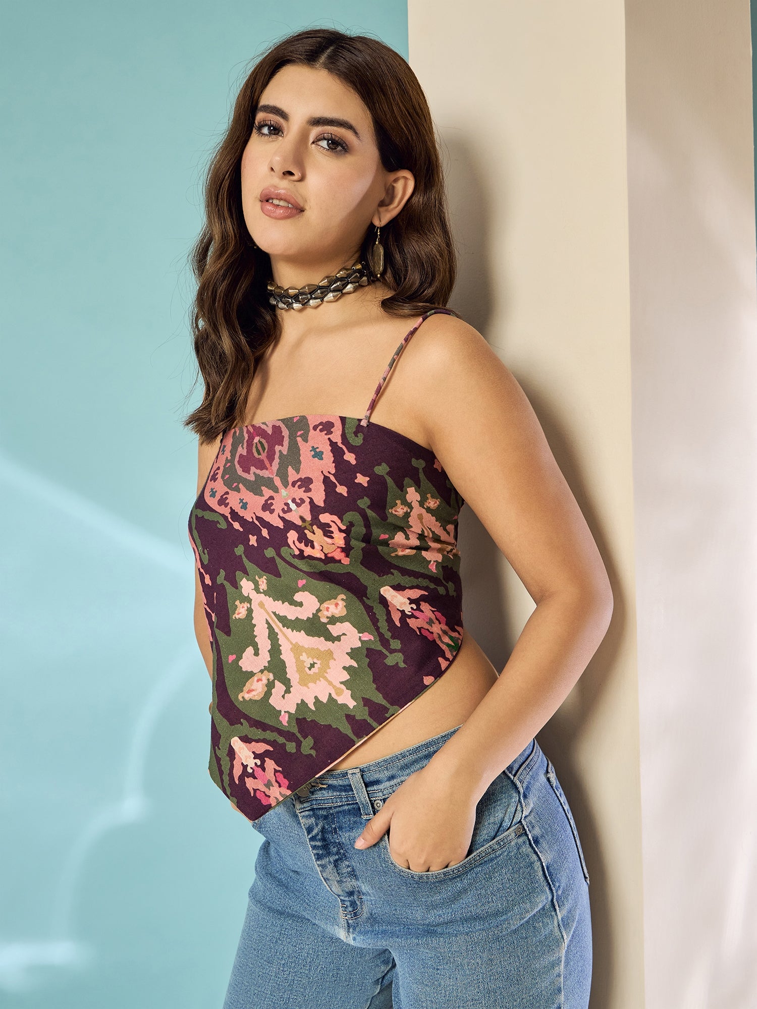 Wine Peach Big Ikkat Scarf Top