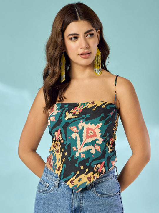 Black Yellow Big Ikkat Scarf Top