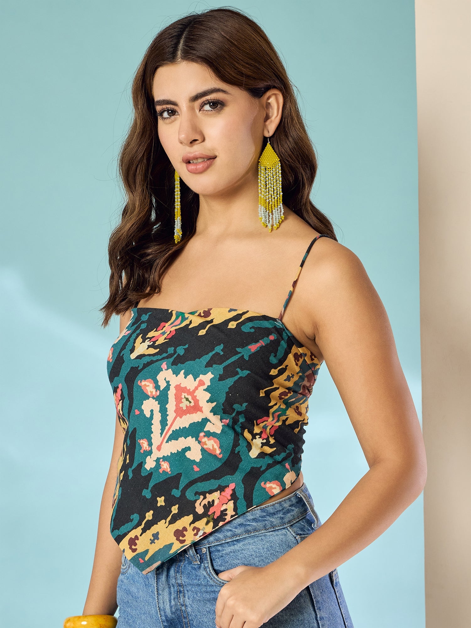 Black Yellow Big Ikkat Scarf Top