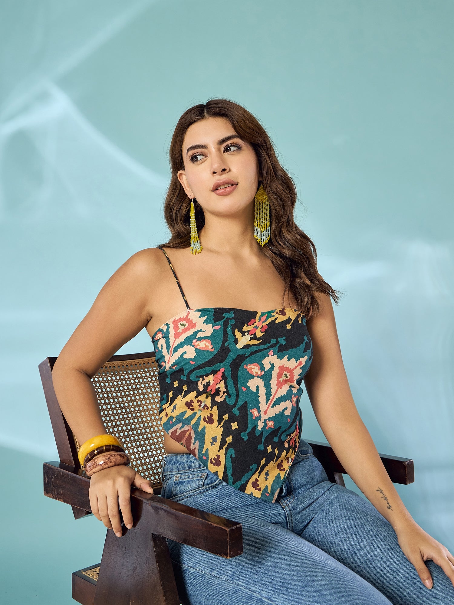 Black Yellow Big Ikkat Scarf Top