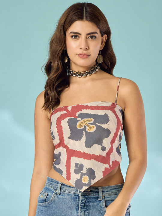 Beige Red Grey Ikkat Scarf Top