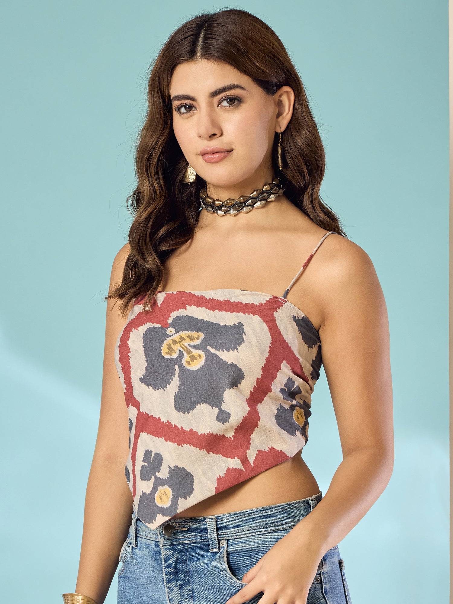 Beige Red Grey Ikkat Scarf Top