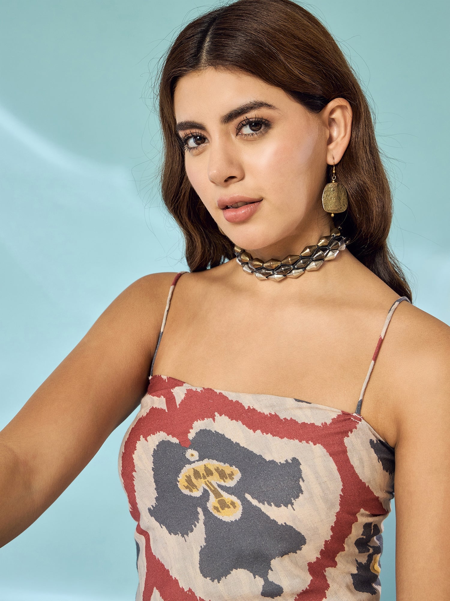 Beige Red Grey Ikkat Scarf Top