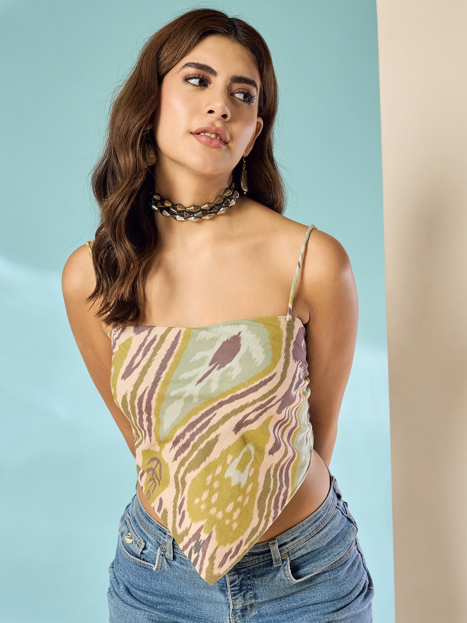 Olive Brown Ikkat Scarf Top