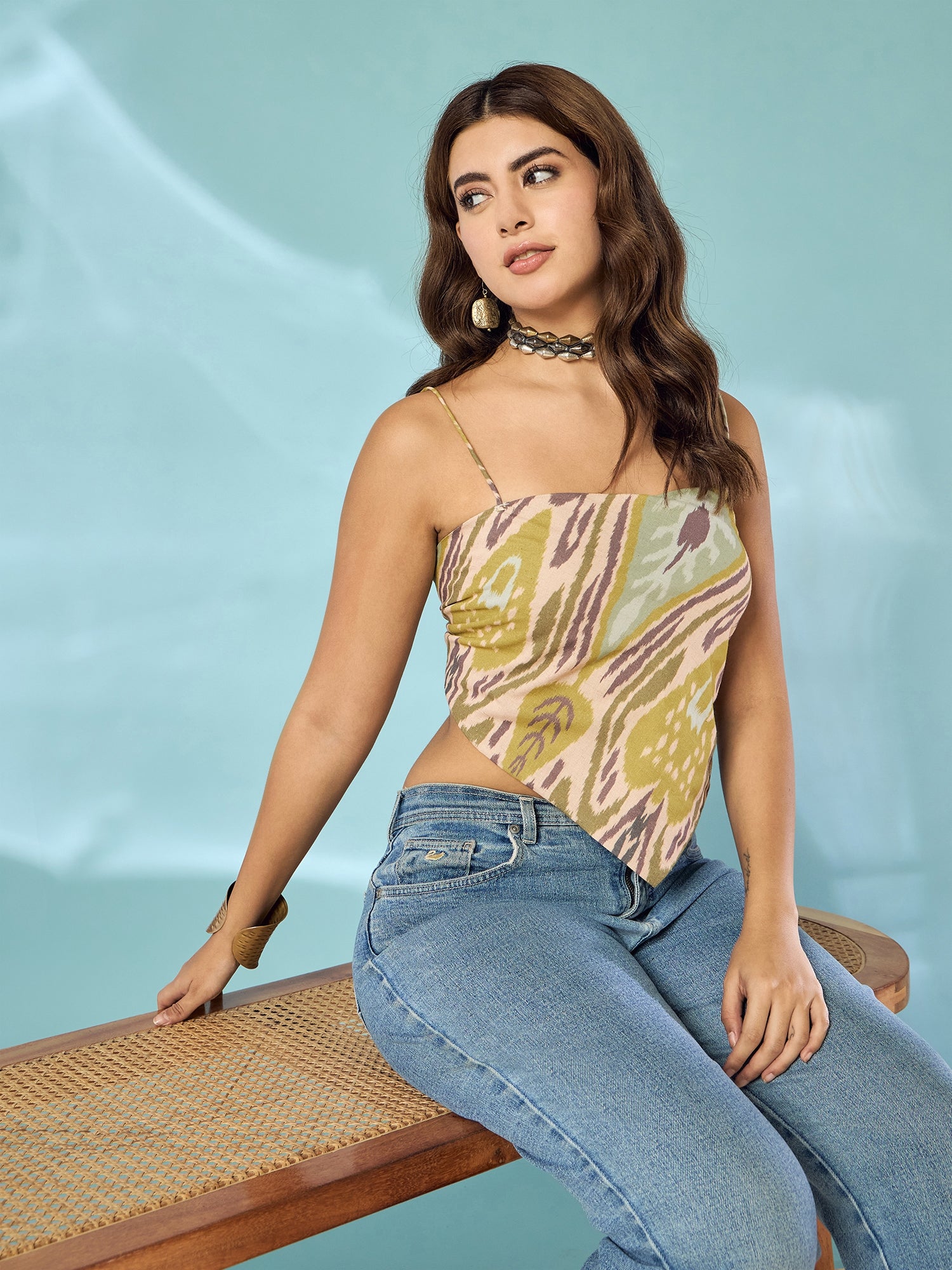 Olive Brown Ikkat Scarf Top