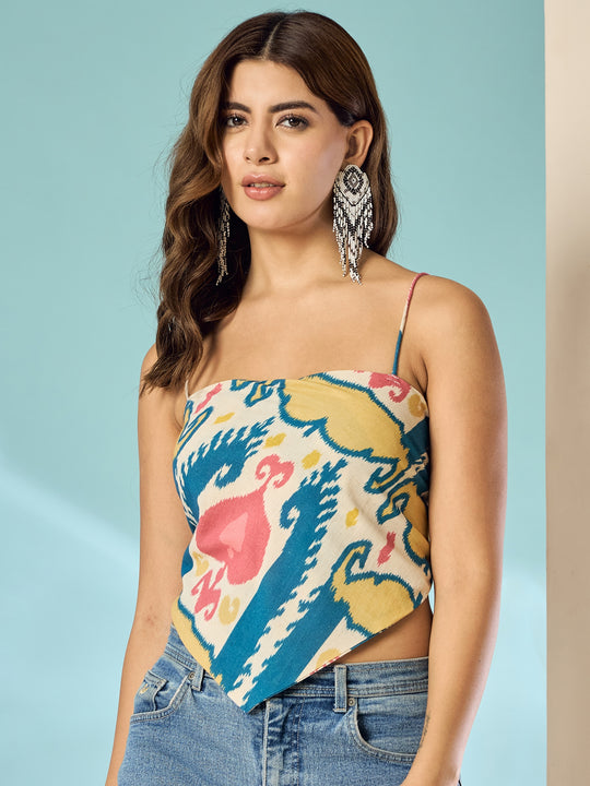 Teal Red Ikkat Scarf Top