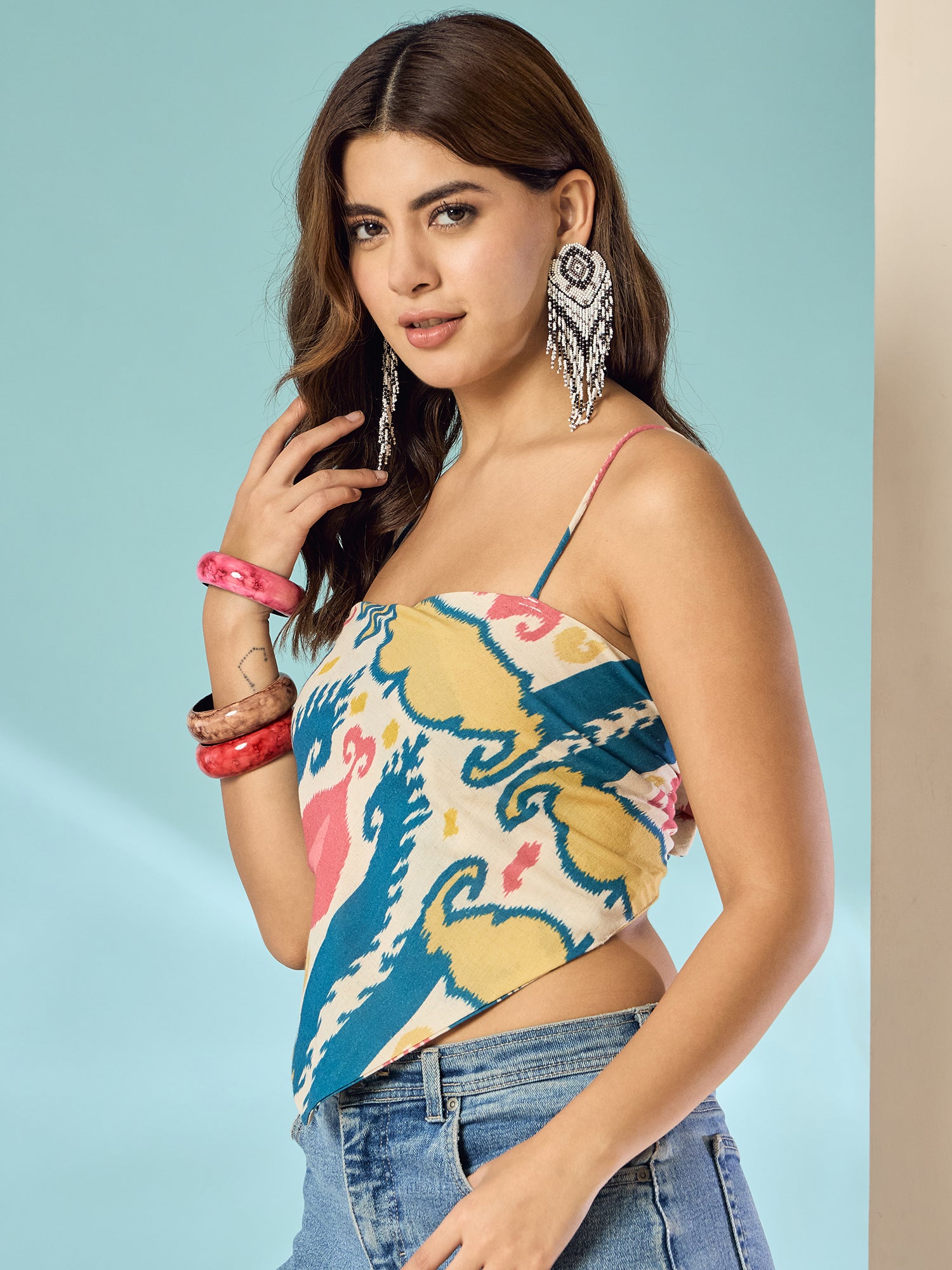 Teal Red Ikkat Scarf Top