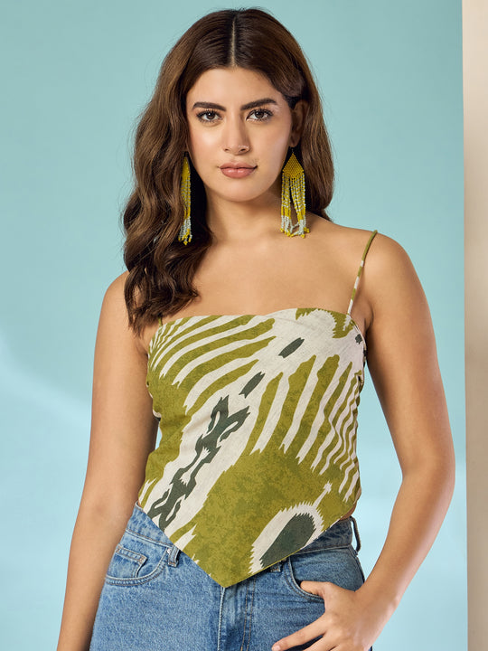 Olive White Ikkat Scarf Top
