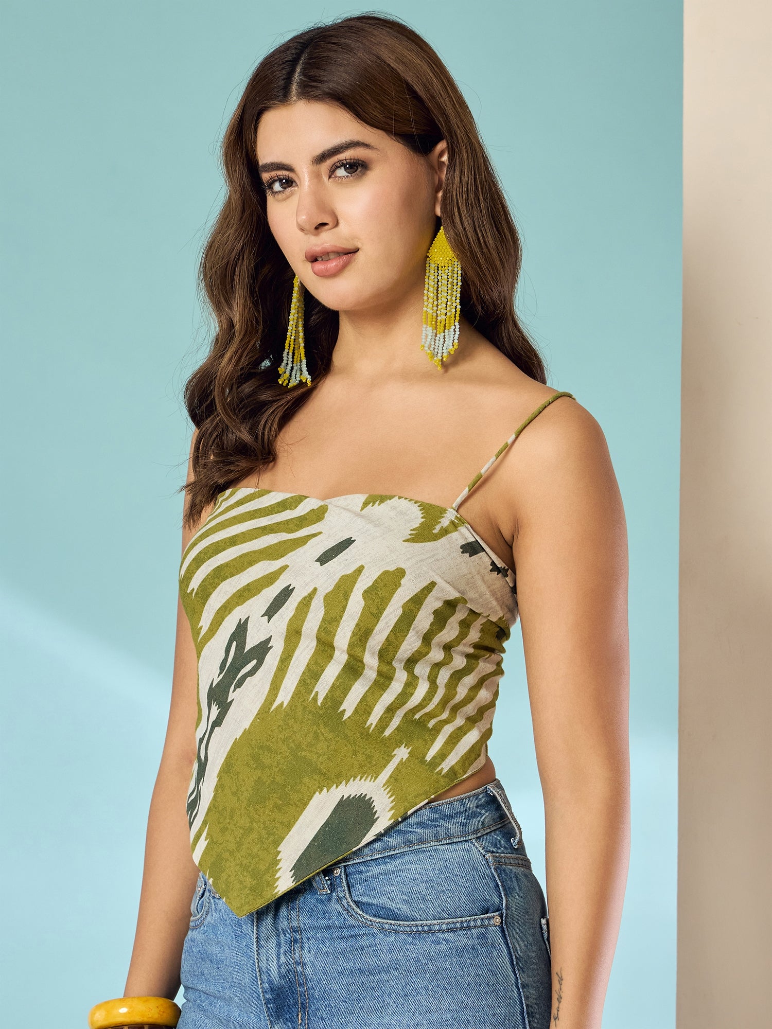 Olive White Ikkat Scarf Top