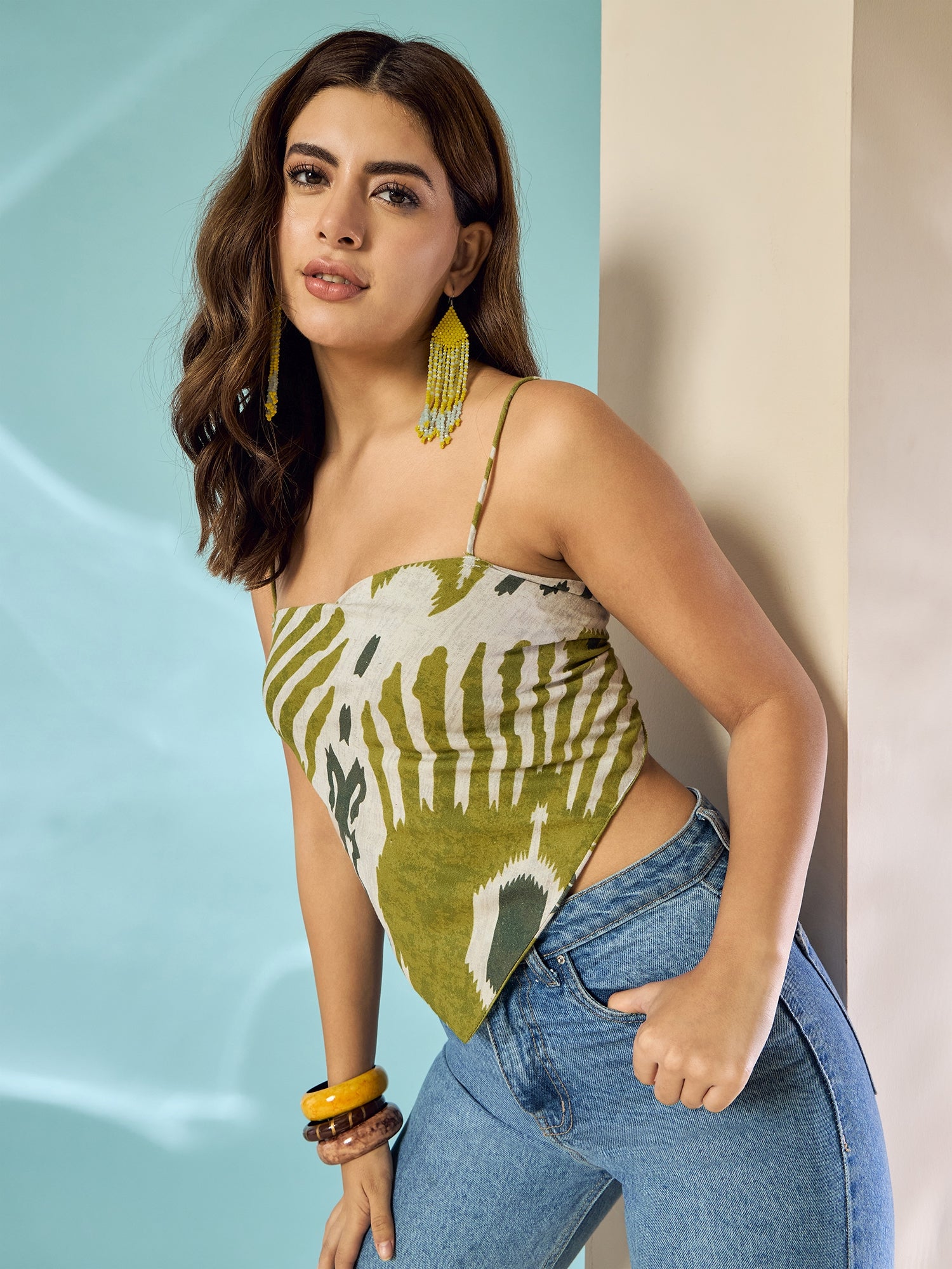 Olive White Ikkat Scarf Top