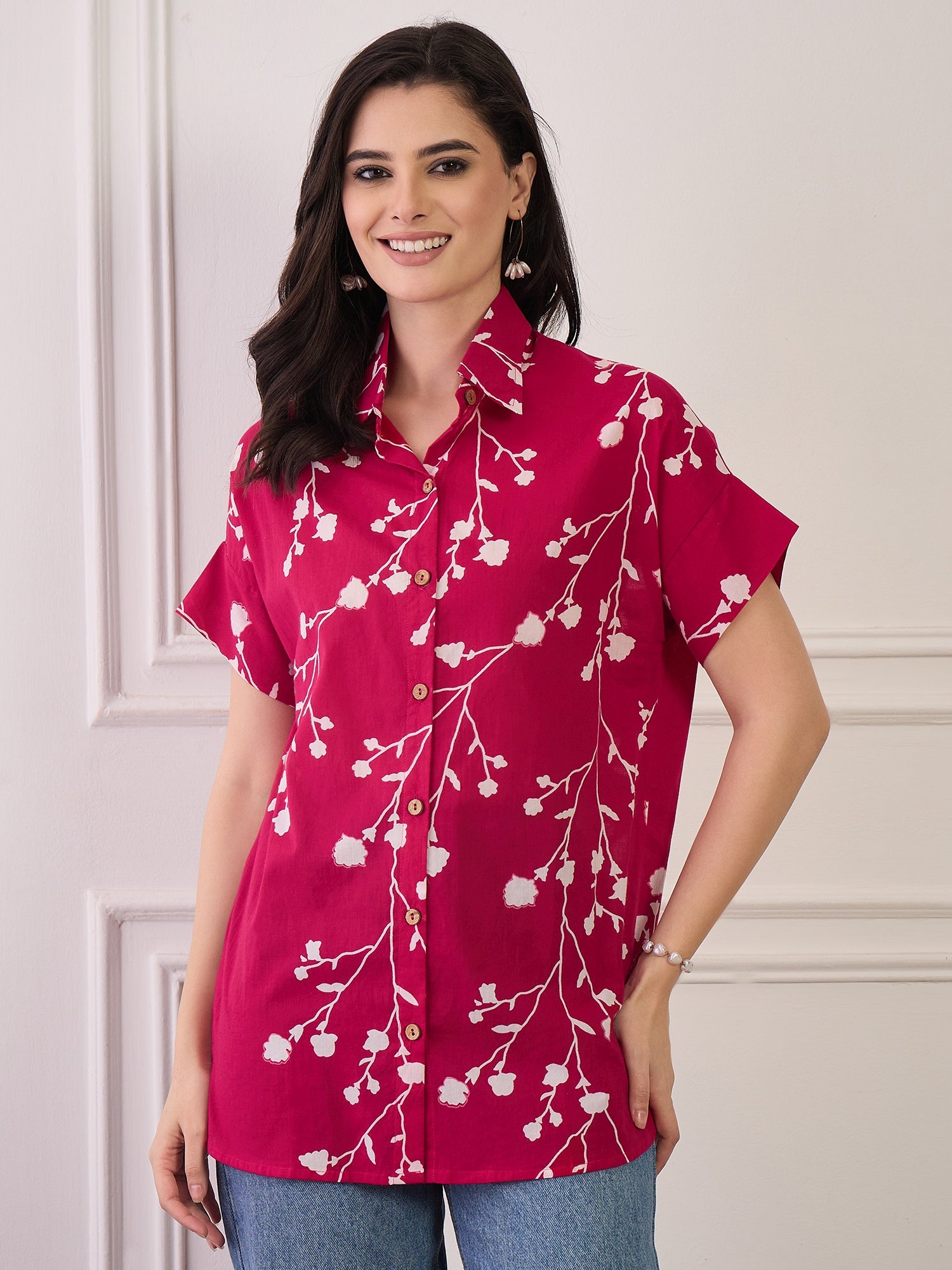 Fuchsia Printed Button Collar Shirt