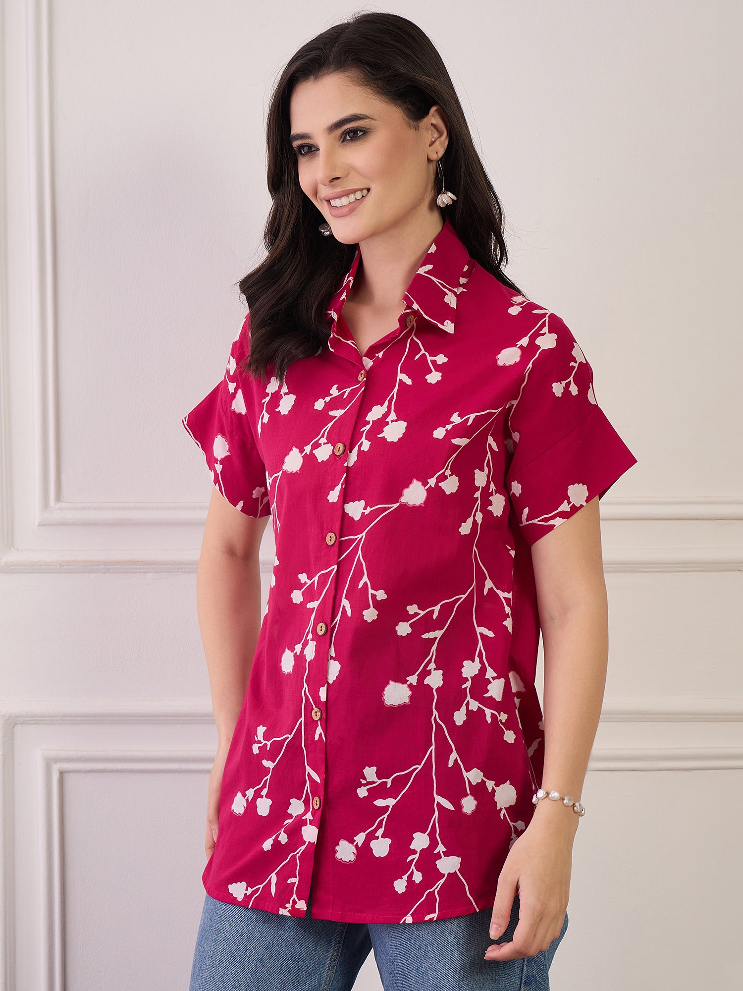 Fuchsia Printed Button Collar Shirt