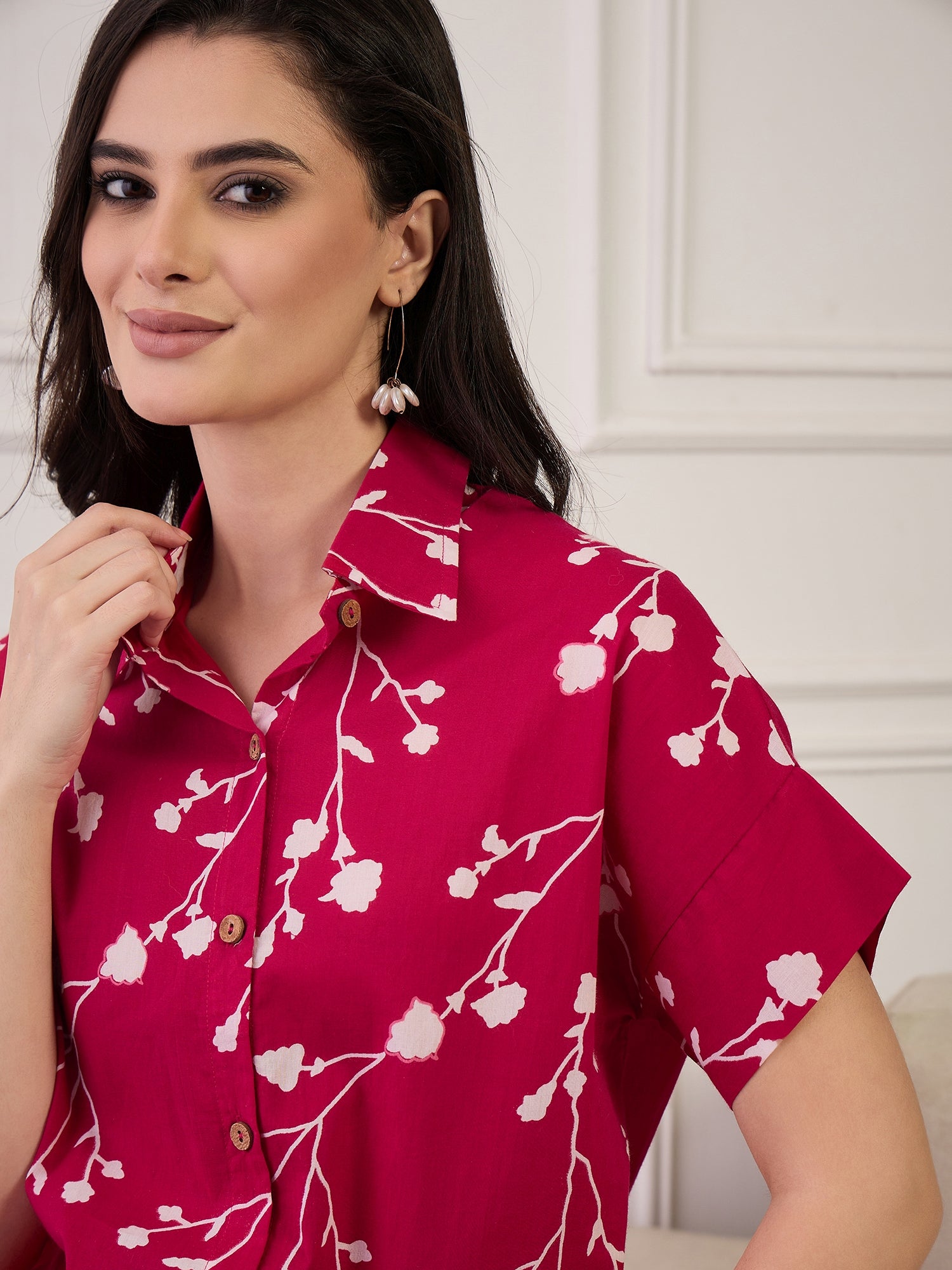 Fuchsia Printed Button Collar Shirt