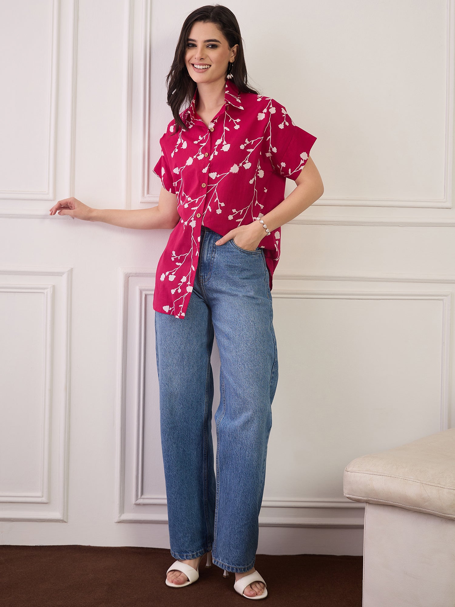 Fuchsia Printed Button Collar Shirt