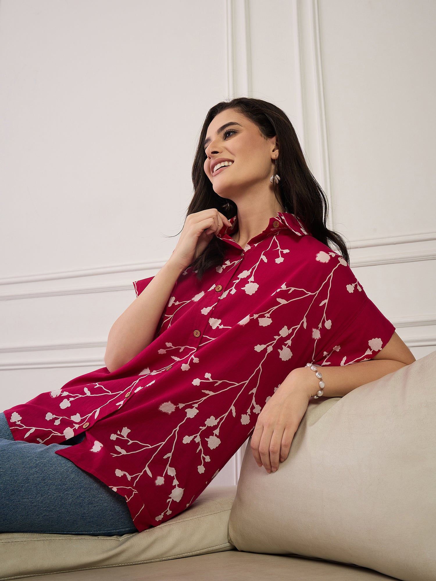 Fuchsia Printed Button Collar Shirt