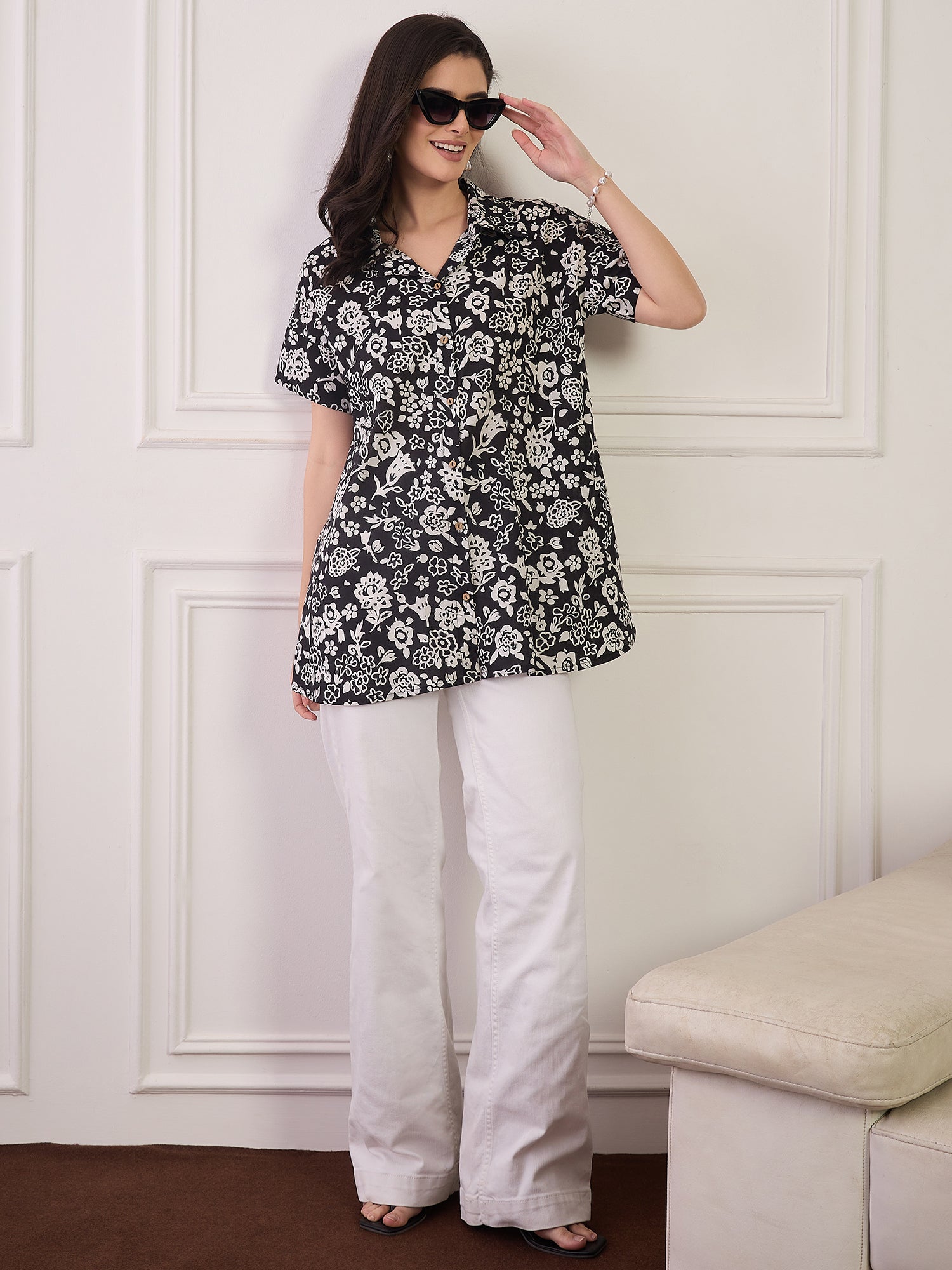 Black White Floral Button Collar Shirt