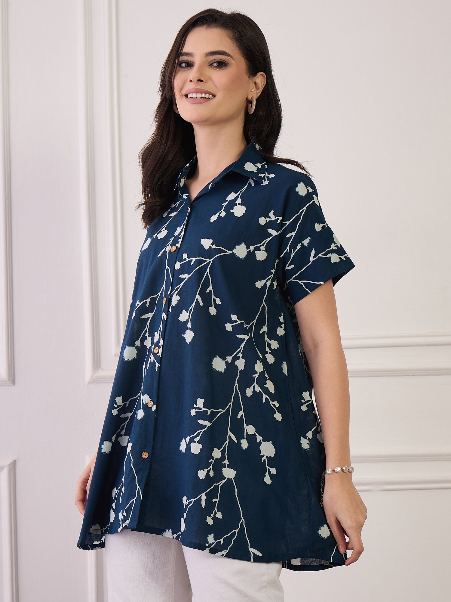 Teal Printed Button Collar Shirt