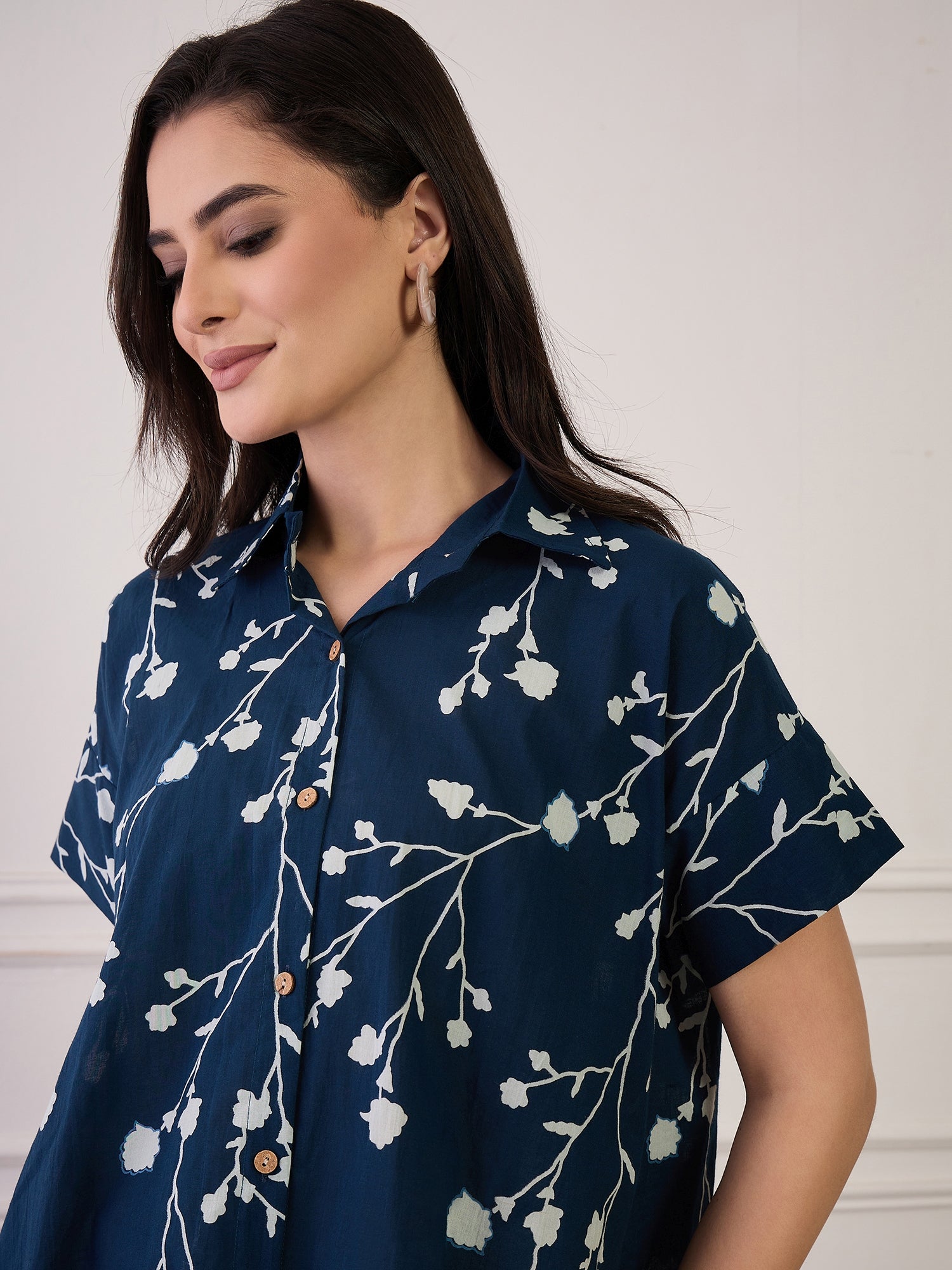 Teal Printed Button Collar Shirt