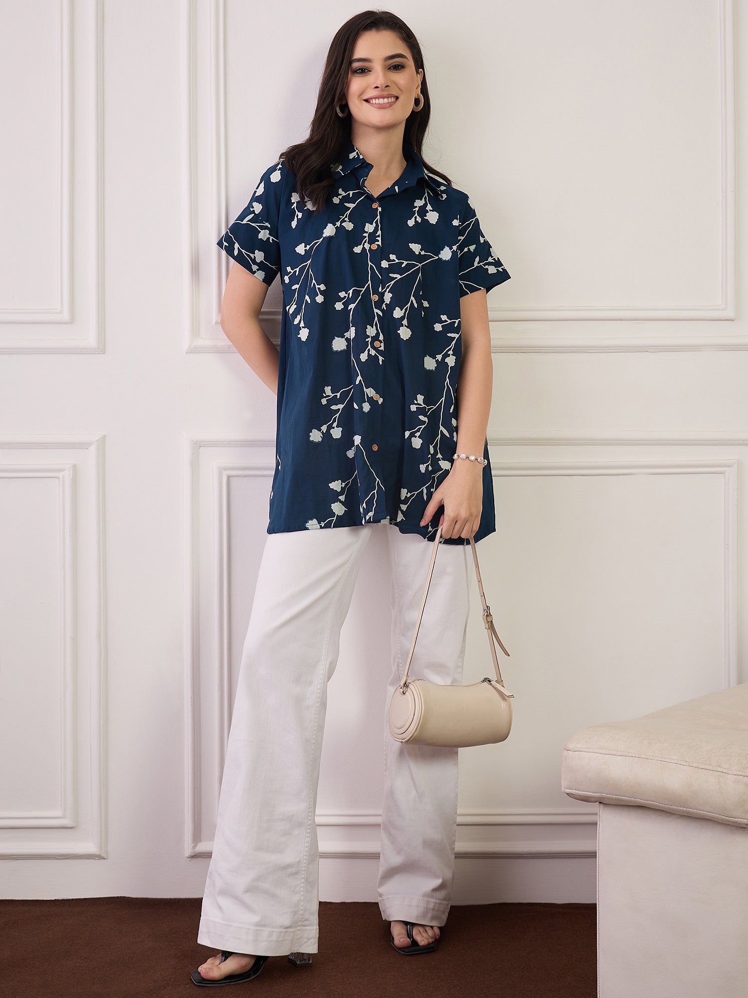 Teal Printed Button Collar Shirt