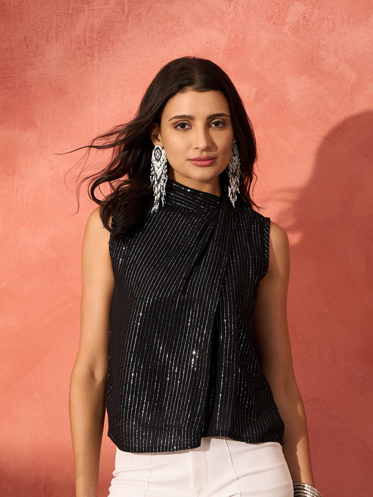 Black Lurex Tie Up Top