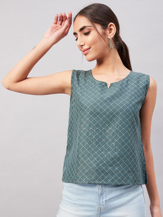 Hunter Green Gold Print Sleeveless Top
