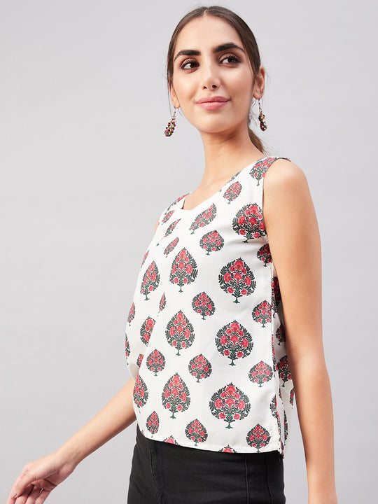 White Red Boota Sleeveless Top
