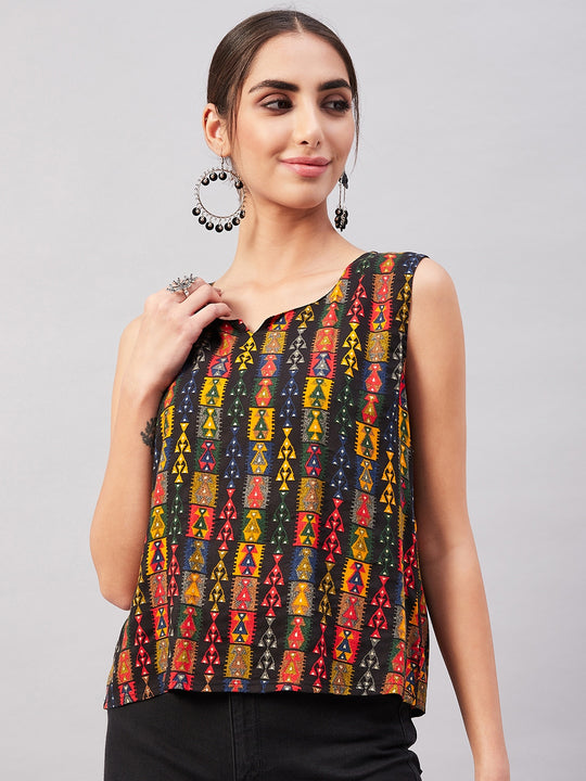Black Abstract Print Sleeveless Top