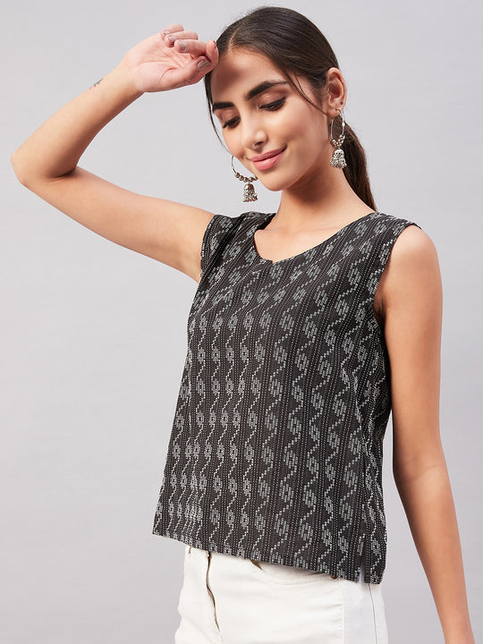 Black Kantha Ikkat print Sleeveless Top