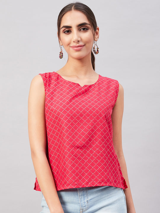 Candy Red Gold Print Sleeveless Top