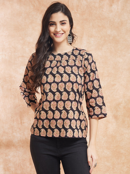 Black Small Paisley Kalamkari Top