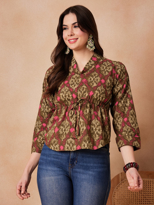 Mehandi Green Abstarct Printed Shwal Neck Top