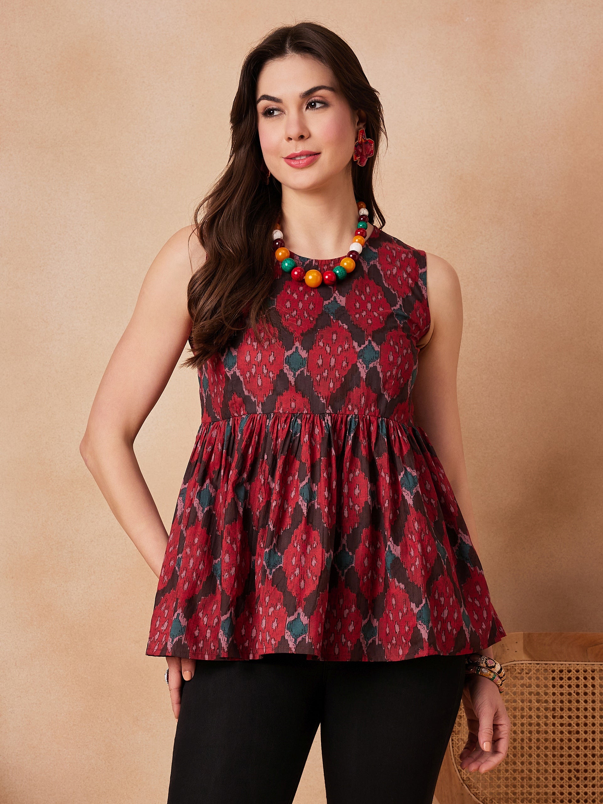 Red Abstarct Printed Round Neck Top