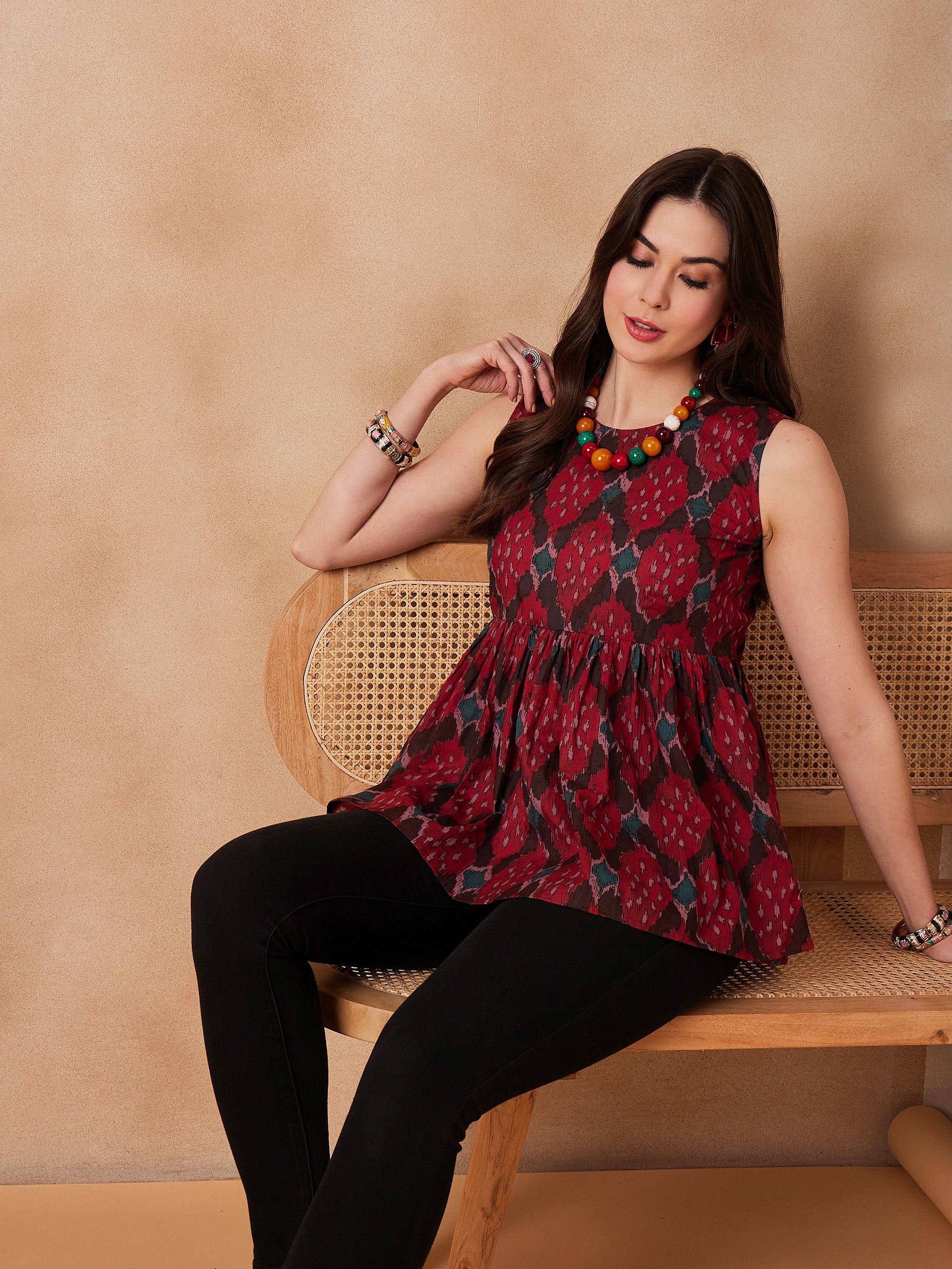 Red Abstarct Printed Round Neck Top
