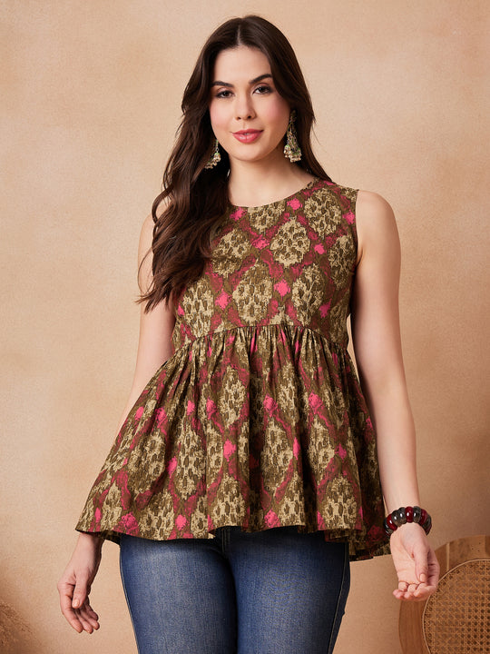 Mehandi Green Abstarct Printed Round Neck Top