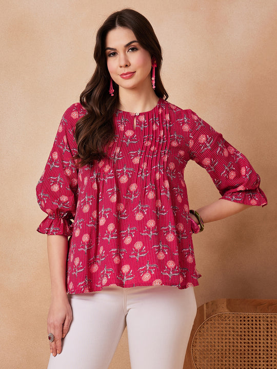 Red Kantha Floral Print Front Pintex Top