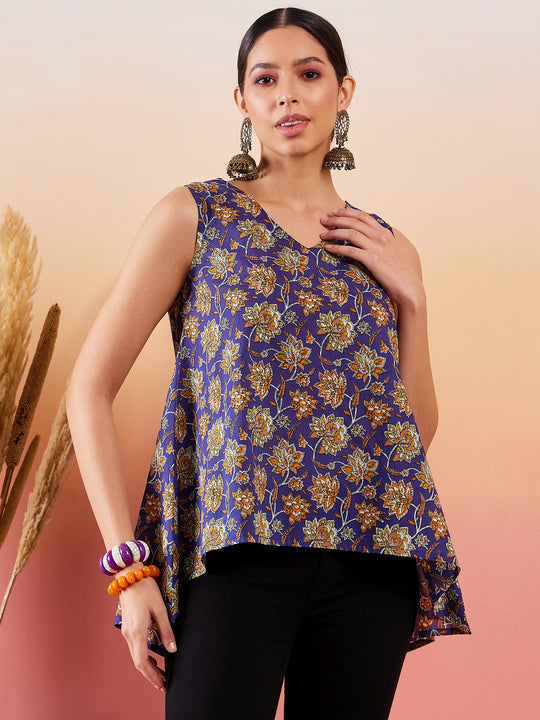 Royal Blue Floral Print  V Neck Sleeveless Top