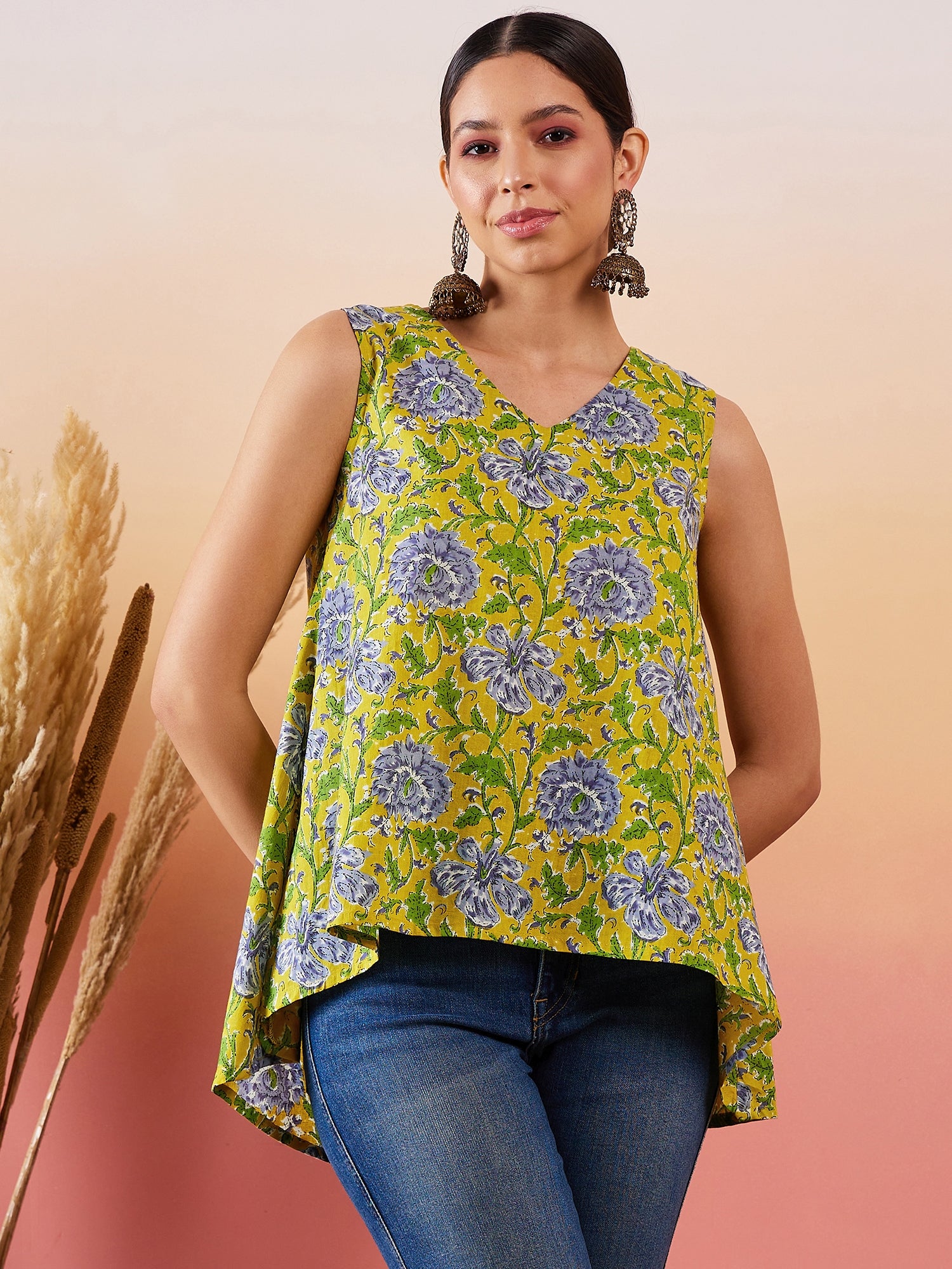 Sunset Yellow Floral Print  V Neck W/S Top