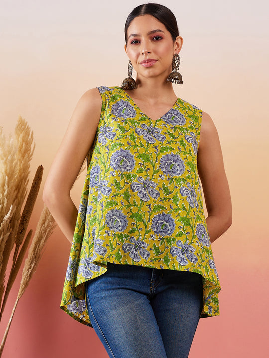 Sunset Yellow Floral Print  V Neck Sleeveless Top