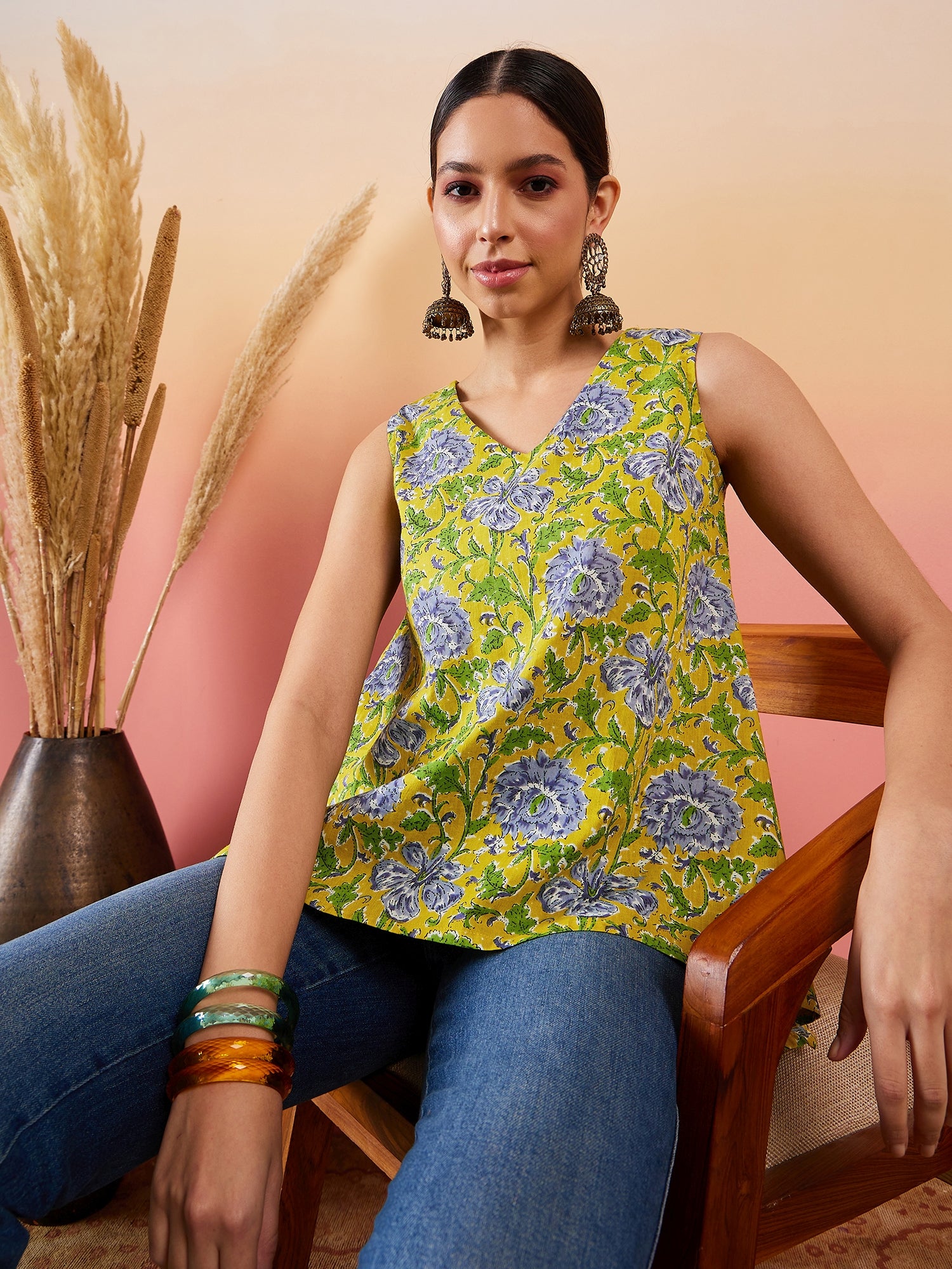Sunset Yellow Floral Print  V Neck W/S Top