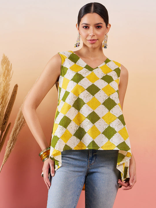 Yellow Green Geometric Print  Kantha V Neck Sleeveless op