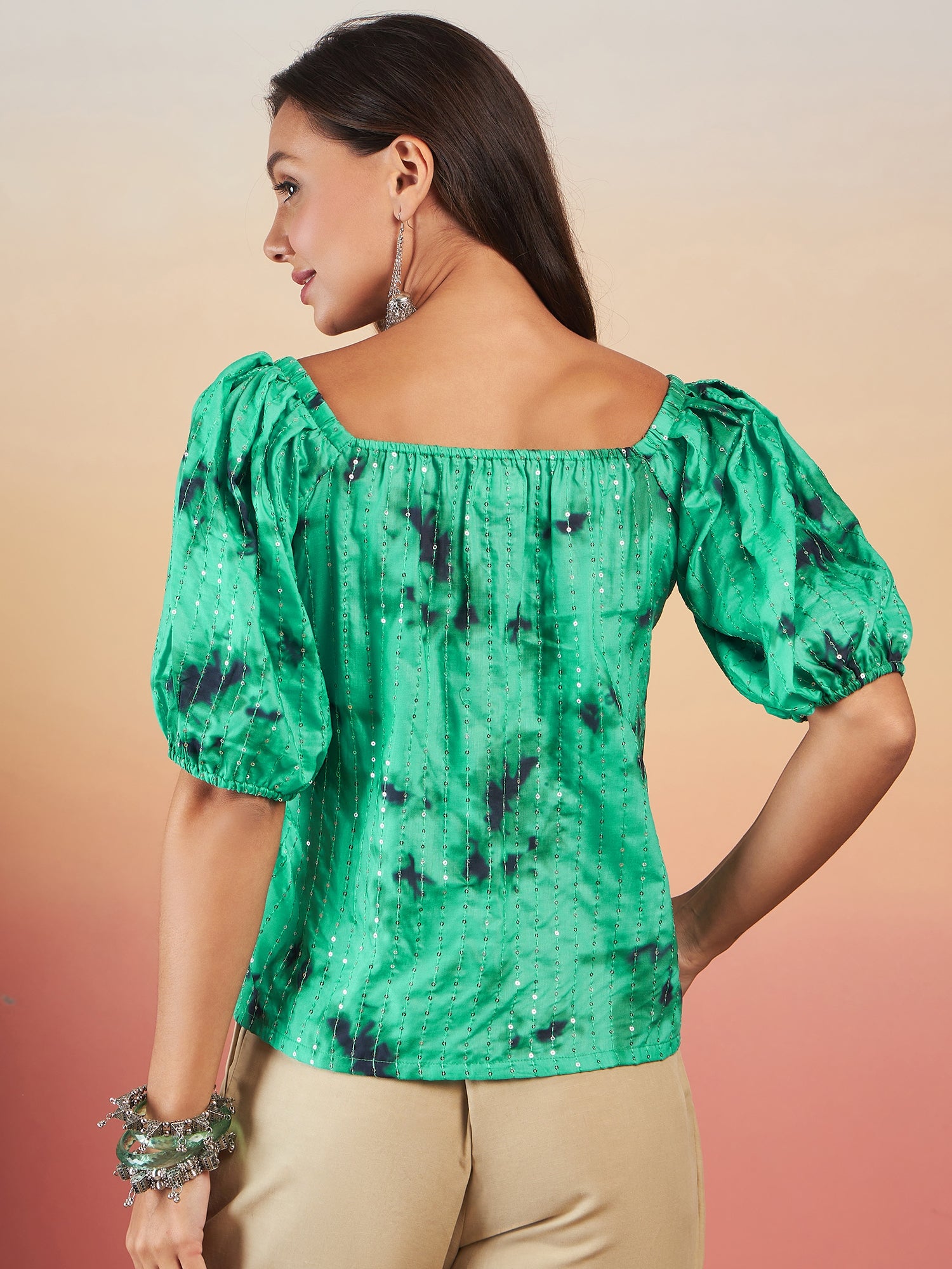 Teal Sequance Work Puff Sleeve Top