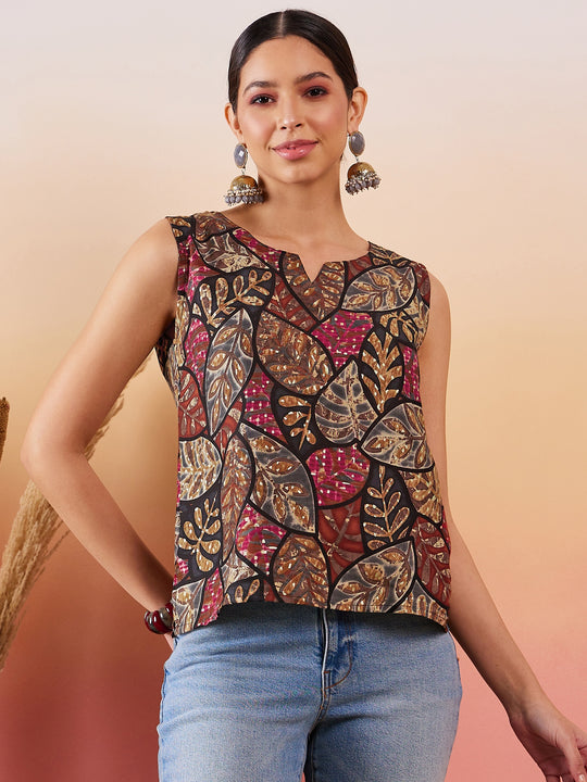 Black Grey Leaf Print Foil Sleeveless Top