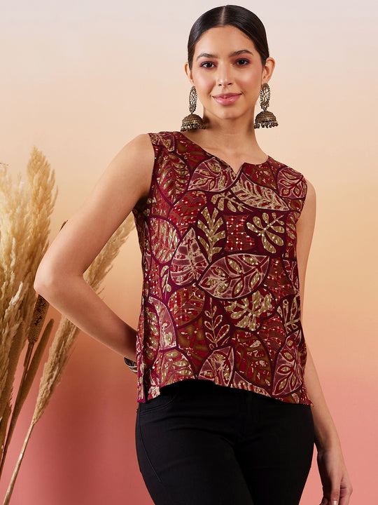 Wine Maroon Leaf Print Foil Sleeveless Top