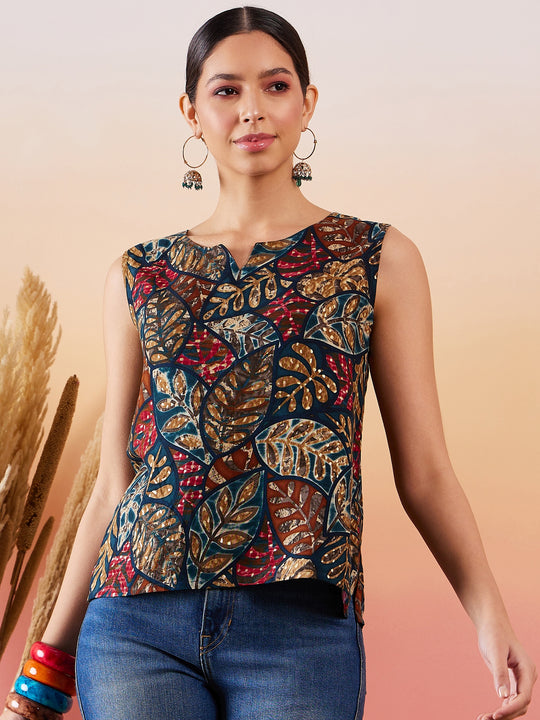 Teal Maroon Leaf Sleeveless Top