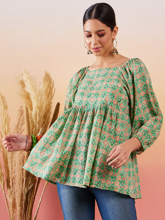 Cool Green Kantha Print Cold Shoulder Top